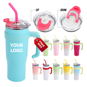 New Customize Logo 40 oz Double Wall Insulated Stainless Steel Tumbler Travel Mug with Handle Silicone Straw in Bulk