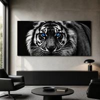 Tableau mural Tigre Noir et Blanc, Portrait de Faune aux Yeux Bleus, Impression pour Salon, Bureau, Cave d'Homme, Hôtel, Intérieurs Modernes