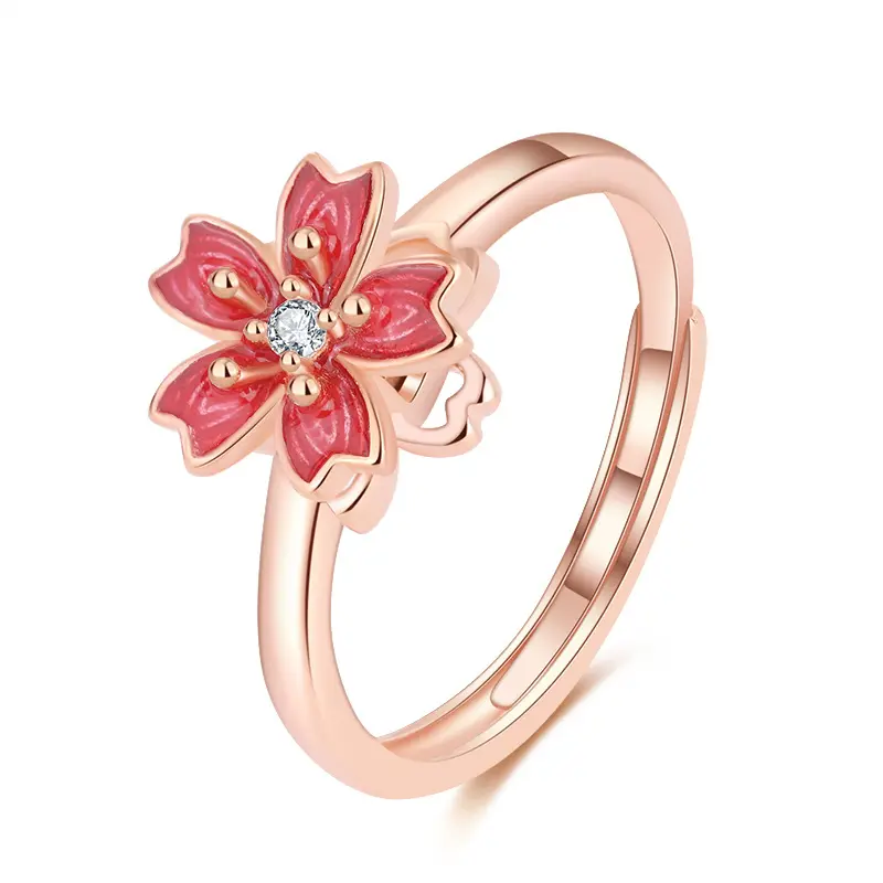 Groothandel Rose Gold Plated 925 Sterling Zilver Roze Glazuur Sakura Bloem Verstelbare Ring Voor Vrouwen