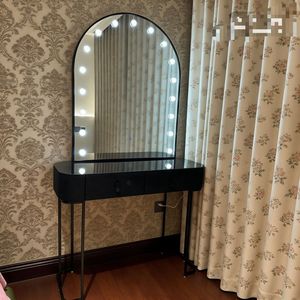 Black LED Vanity <b>Mirror</b> Table Makeup <b>Desk</b> Arched Hollywood Style Dressing Table with Drawers for Bedroom Salon - Product Image 4