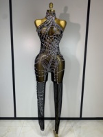 Combinaison moulante en maille sexy à taille haute avec diamants brillants pour femmes, tenue de danseuse de bar de nuit, spectacle, danseuse gogo, scène