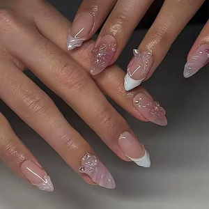 Lot de 24 faux ongles à presser, forme amande courte, coupe large, rouge et bleu, avec fleurs 3D et strass, emballage personnalisé, OEM ODM - Product Image 5