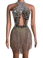 Scintillant Découpé Miroir Sequin Dîner Robe Club Fête Scène Danse Dos Nu Mini Robe Femmes Strass Gland Anniversaire Robe De Bal