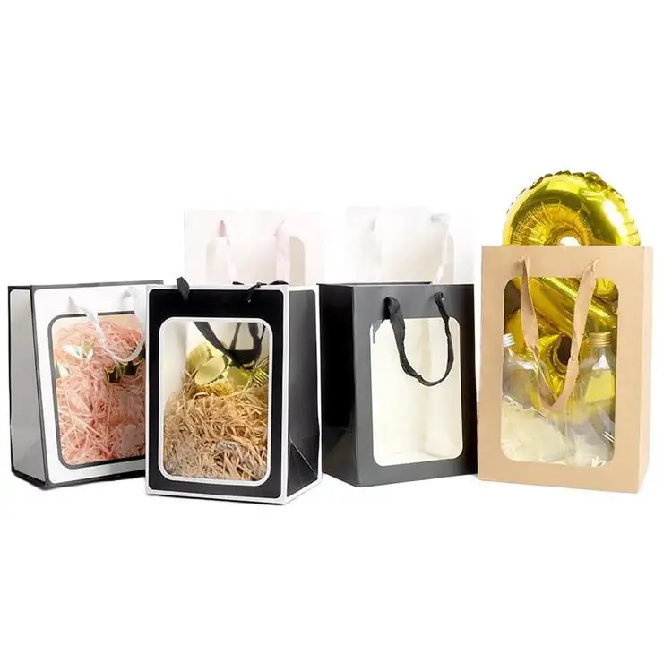 Sacchetto regalo di carta da imballaggio regalo di vendita calda sacchetti di trasporto di fiori di Bouquet portatili con finestra trasparente