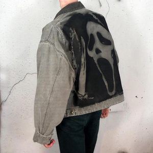 Giacche di Jeans Personalizzate da Uomo Cappotti Stampa Teschio Colletto in Velluto a Coste Lavaggio Acido Zip Intera Streetwear Retro Vintage Corto - Product Image 2