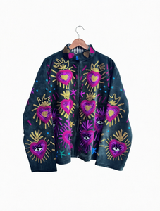 Blouson Bomber en Velours Brodé à la Main avec Motif Cœur et Œil, Manches Longues, Col Montant, Fermeture Éclair, Vêtement d'Automne pour Adulte, Vente en Gros - Product Image 1