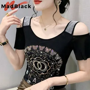 Summer European Clothes T-Shirt Sexy Off Shoulder Shiny Diamonds Female Slim Double Layer Mesh Tops Short Sleeve Tees T34932M