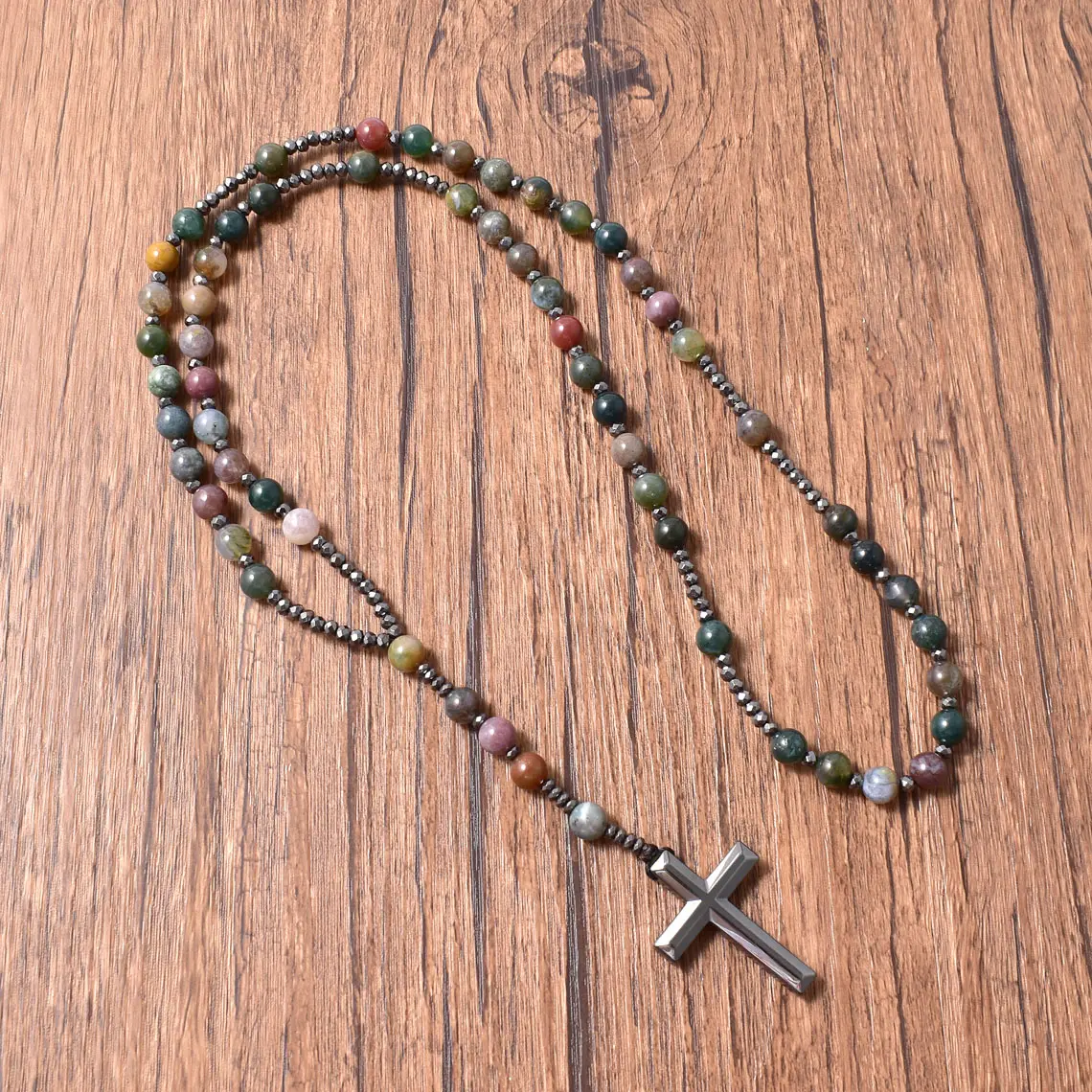 Cross Long Necklace Hematite Crucifix Stone Protection India Agate Catholic Necklace Christian Jewelry Religious Rosary Gift