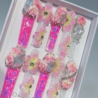 Faux ongles romantiques bleus roses pour mariage, longs et carrés, faits à la main, à presser, 10 pièces/ensemble, réutilisables, de haute qualité, avec fleurs 3D