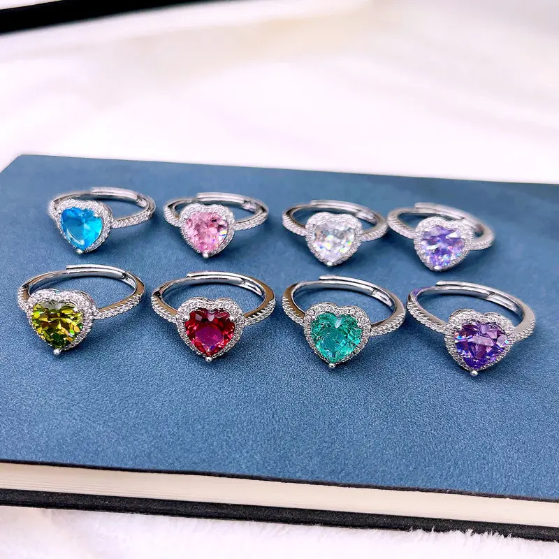 Bulk Adjustable Colorful Luxury Rings for Women Diamond Ladies Amethyst Heart Zircon ring