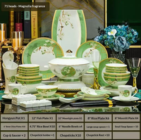 Service de vaisselle en porcelaine Magnolia vert et blanc avec bordure dorée de luxe, compatible lave-vaisselle/micro-ondes/four, idéal pour les repas à la maison et les banquets (cadeau)