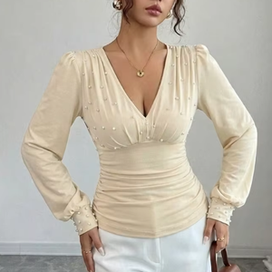 Blus Warna Solid Berhias Mutiara untuk Wanita, Atasan Lengan Panjang Kasual Musim Gugur Musim Dingin - Product Image 4
