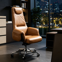 Chaise de Direction Moderne de Luxe en Cuir Marron Ergonomique Pivotante avec Base en Aluminium et Roulettes en PU Réglable en Hauteur pour Bureau à Domicile