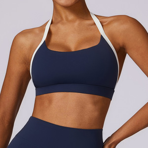 <span class=keywords><strong>Bra</strong></span> Yoga punggung terbuka dua warna <span class=keywords><strong>Halter</strong></span> wanita atasan Gym leher rendah kustom atasan olahraga leher U dalam