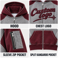 Sweat à capuche zippé personnalisé pour homme, coupe courte, color block, broderie chenille, logo personnalisé pour un style rétro streetwear