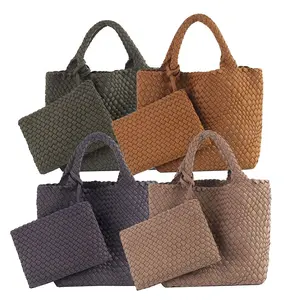 New arrival hot sale bright color white and back woven neoprene PU weave bag beach bag handmade knitted bag