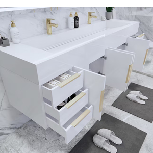 Mueble de Baño Moderno de Lujo Blanco y Dorado, Espejo LED Redondo Montado en la Pared, <span class=keywords><strong>Tocador</strong></span> con Encimera de Mármol y Lavabos Dobles de Cerámica - Product Image 4