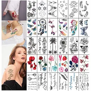 30 Sheets Temporary Tattoos For Women Girls Flower Words Feather Butterfly Waterproof Fake Tattoo Stickers