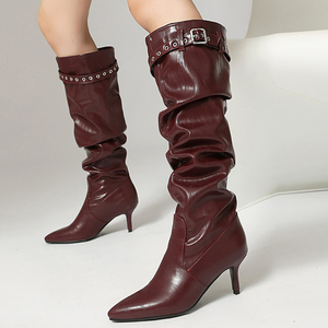 Big Size 46 Women's Pleated Upper Wide Fit <b>Knee</b> <b>High</b> Boots Medium Thin Heels Shoes Top Belt Buckle Long Booties - Product Image 1