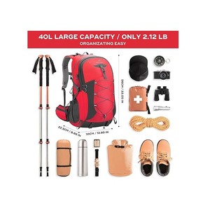 Sac à dos de randonnée, sac à dos de camping, sac à dos de randonnée imperméable 40L avec housse de pluie, sac à dos de voyage léger rouge - Product Image 2