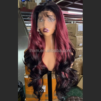 Wig sintetis lace front 32 inci warna biru, model body wave, 13x4, transparan, tanpa lem, alas sutra, garis rambut natural, tahan panas.