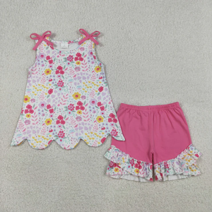 Wholesale Adorable Boutique Toddler Girl Casual Floral Print Short Sleeve Scallop Tops and Ruffle Shorts 2 Pcs Sets for Summer - Product Image 6