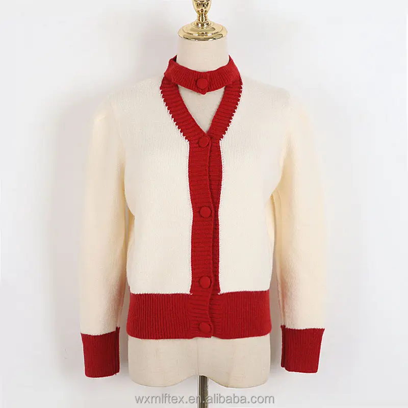 Custom Red and White Contrast Color Stitching Halter v-neck Ripped Sweater 2022 Sweet Japanese covered button knit cardigan