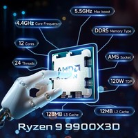 Processeur de jeu Ry--zen 9 9900X3D 12 cœurs 24 threads 5,5 GHz PCIe 5.0 Socket AM5 DDR5 TDP 120W Nouveau L3=128 Mo 100-000001368