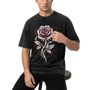 <b>Men's</b> Black Cotton <b>T</b>-<b>Shirt</b> With White Rose <b>Floral</b> Print O-Neck Short Sleeve Casual Regular Fit - Product Image 2