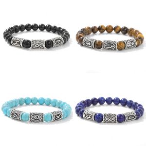 Viking Rune Stone Beads - Retro Tiger Eye, <b>Amethyst</b> & Turquoise Stretch Beads <b>Bracelet</b> for Unisex - Product Image 1