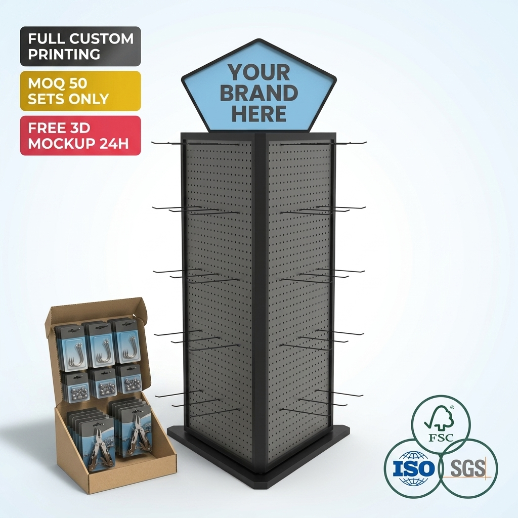 Wholesale Custom 3 Side Metal Fishing Gear Tool Display Stand Floor Standing Tool Rack with Hooks for Retail Hardware Store Shop