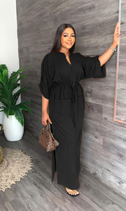 Gaun Maxi Kasual Wanita Bergaya Musim Gugur dengan Tali Serut, Pinggang Elastis, Lengan Setengah, dan Belahan Samping - Product Image 3