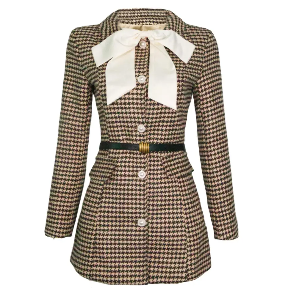 Women Dresses 2022 Vintage Plaid Slimming A line Dress Brown Houndstooth with Belt Elegant Casual Dresses British Style