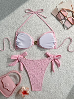 Ensemble bikini Y2K texturé à motifs floraux, haut triangle à nouer style halter, nœud latéral, maillot de bain coupe haute pour femme, décor marguerite, tenue de plage
