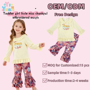 Conjunto de 2 Piezas para Niñas con Bordado '<span class=keywords><strong>Miss</strong></span> Thankful', Top con Volantes, Pantalones de Campana con Parches Bohemios, Conjunto Boutique de Otoño para Niñas, Tema de Acción de Gracias - Product Image 1