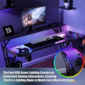 Bureau de jeu ergonomique pour ordinateur portable <span class=keywords><strong>PC</strong></span> 1,2/1,4/1,6 m avec éclairage d'ambiance LED RGB et étagères pour moniteur - Product Image 4