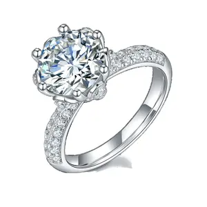 大马赛克3.0克拉D级碳硅石钻石戒指，适用于女性镀银铂金，镶嵌风格为珍珠制成