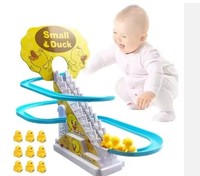 Juguete Educativo MILI, Pista de Tren Deslizante con 9 Patos Eléctricos Amarillos de Plástico, Juego de Juguetes con Tobogán y Escaleras