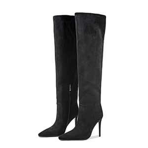 <strong>Women's</strong> <strong>10CM</strong> Stiletto Knee High <strong>Boots</strong> Faux Suede Pointed Toe Half Zip Pull on Long <strong>Boots</strong> in Multiple Colors - Product Image 2