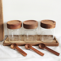 Récipients à café, sucre et thé avec cuillères, bocaux en verre avec couvercles et cuillères en bois, ensemble de 3 boîtes à café pour comptoir