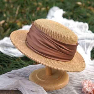 Wholesale Female Straw <b>Hat</b> With Satin Ribbon Wide Brim Sun Beach <b>Hat</b> Summer French <b>Flat</b> Top Bowler Straw <b>Hat</b> - Product Image 4