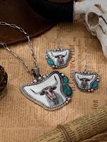 Nouveaux Colliers Pendentifs 2026 en Alliage Turquoise, Motif Taureau Longhorn, Style Western Bohème Rétro Géométrique Sculpté, Chaîne Ondulée