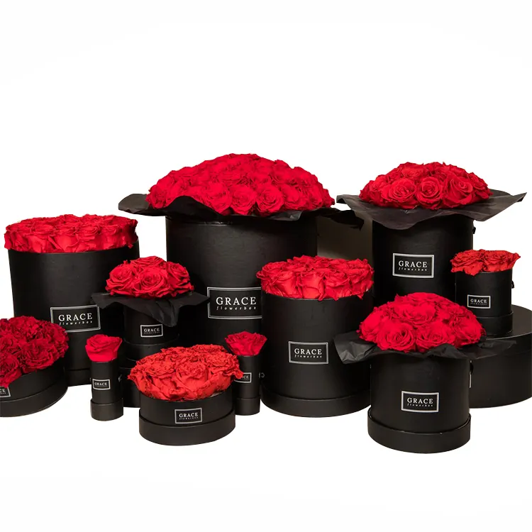 Kunden spezifisches Logo Schönheit runde Geschenk-Box Karton trocken Blume-Box konservierte Rose Verpackungs-Box mit Seide