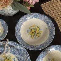 Assiette à dessert en céramique style français rétro, motif végétal floral citron gaufré, luxe léger vintage, compatible micro-ondes, pour l'après-midi 2026