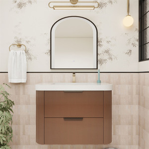 Mobile <span class=keywords><strong>Bagno</strong></span> Sospeso Marrone Scanalato con Specchio e Lavabo in Ceramica Bianca - Vendita all'Ingrosso - Product Image 1