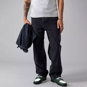 Jeans noirs personnalisés de haute qualité avec logo, pour hommes, style streetwear, délavés, double genou, coupe baggy, avec poches cargo, pantalon de charpentier tendance pour hommes - Product Image 2