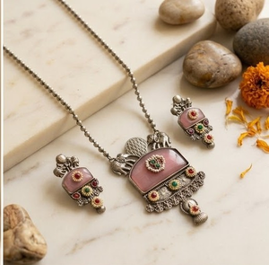 DIVYORO <b>Elephant</b> Motif Floral Stone Oxidized Silver Pendant Set Designer Statement Jewelry Set with <b>Earrings</b> Fashion Jewelry - Product Image 1