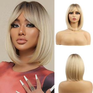 Nouvelle perruque synthétique ombrée pour femmes <span class=keywords><strong>cheveux</strong></span> ondulés de longueur moyenne <span class=keywords><strong>avec</strong></span> <span class=keywords><strong>frange</strong></span>, couleur blonde brune mélangée - Product Image 3
