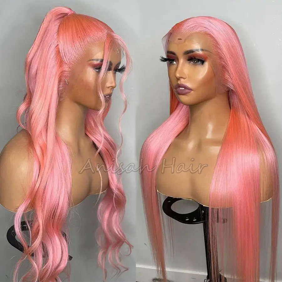 Pre Plucked Pink Color Human Hair Blend Wigs Unprocessed Brazilian Virgin Hair Transparent Lace Front Wigs with Baby Hair