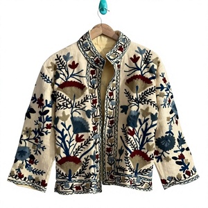 Veste en coton brodée pour femme, beige, à col mandarin, motif floral, faite à la main, style ethnique, blazer de printemps, qualité export - Product Image 2
